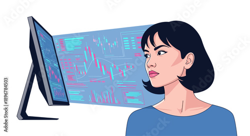 Female Trader Analyzing Stock Market Data on Computer Screen. Fintech, Investment, and Business Strategy Illustration.