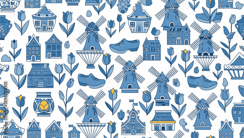 A seamless pattern of blue Dutch-inspired illustrations featuring windmills, houses, and flowers on a white background with a calming and serene mood.