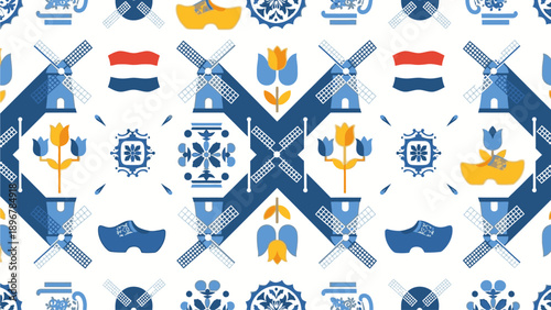Vibrant Dutch-themed pattern with windmills, tulips, and traditional Dutch symbols in blue, yellow, and red on a white background.