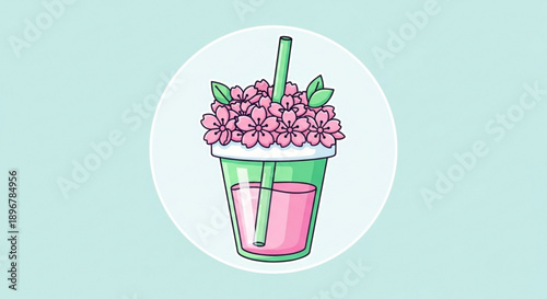 Illustration of a pink drink with flowers and a straw in a green cup on a light blue background