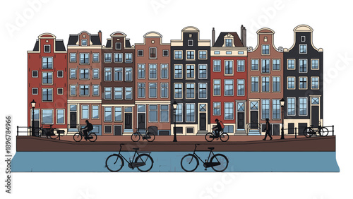 Illustration of a row of traditional Dutch houses along a canal with bicycles parked on the sidewalk in a vibrant and colorful urban setting.