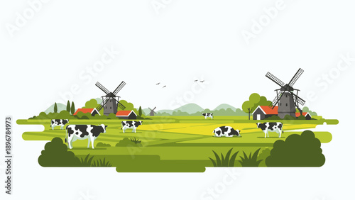 Illustration of cows grazing in a green field with windmills and houses in the background, with a serene rural landscape and clear sky.