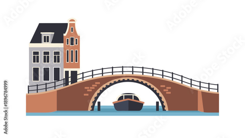 Illustration of a brick bridge with a boat under it and a building beside it on a white background.