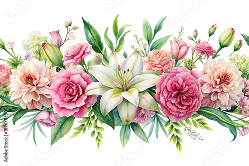 Pink and white flowers with green leaves on black background