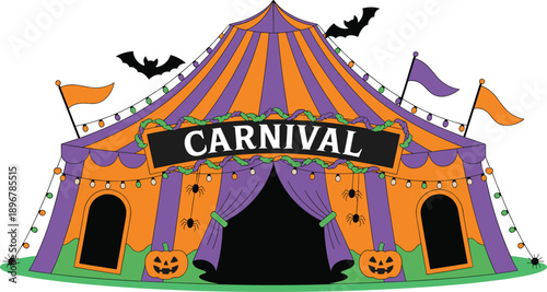 Halloween Carnival Tent Illustration With Pumpkins Bats Spiders Festive Circus Entrance Colorful Spooky Fairground Design Artwork