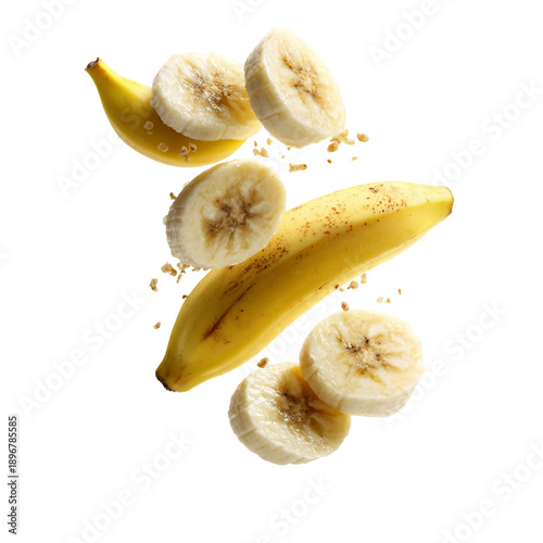 Fresh banana slices flying and levitating in mid-air isolated on with white background(3)
