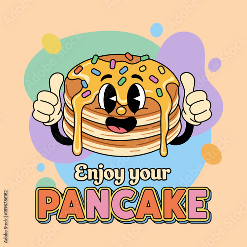 Cartoon pancake with sprinkles and syrup giving thumbs up inviting breakfast delight with colorful text on peach background with splatters
