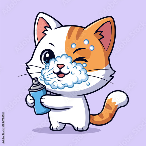 Cartoon cat with shaving cream on face holding blue can playful grooming scene humorous illustration pastel purple background cute animal character