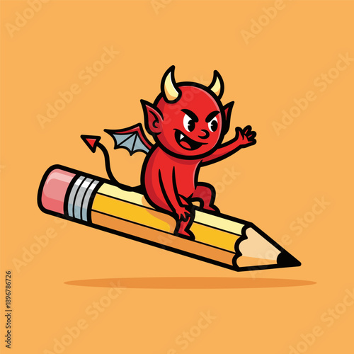 Mischievous cartoon devil character sitting on a giant pencil symbolizing creativity and naughty ideas on an orange background