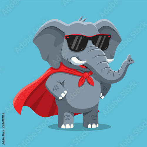 Cartoon elephant wearing sunglasses and red cape standing on blue background symbolizing fun and quirkiness