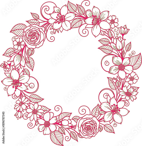 described features a beautifully detailed floral wreath illustration, primarily in shades of red. This wreath is composed of various flowers, including roses and daisies, among other floral varieties,