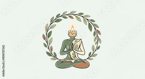 Meditating person with candle in lotus position surrounded by leafy wreath symbolizing mindfulness and relaxation in a serene environment