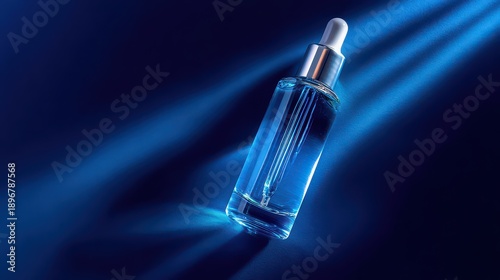 Elegant Blue Serum Bottle with Dropper on Dark Surface with Abstract Light Streaks for Skin Care Cosmetic Product