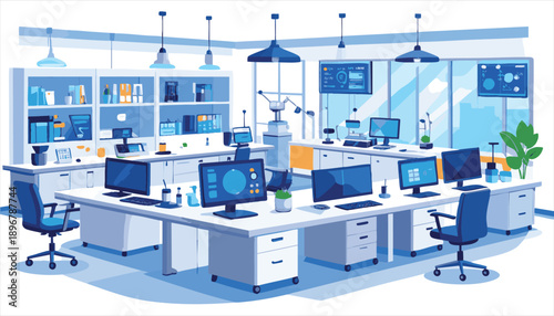 vector Modern Laboratory Office with Computer Workstations and Equipment