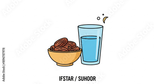 Bowl of dates and glass of water for Iftar or Suhoor.