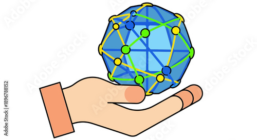 Cartoon Hand Holding Global Network Sphere: Data, Technology, Connectivity, and Future Solutions Illustration