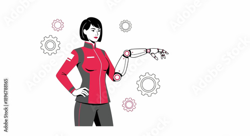 Futuristic Woman with Robotic Arm and Gears. AI, Cybernetics, and Female Engineering Technology Illustration.