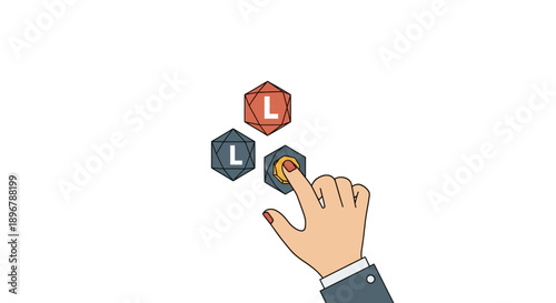 Hand pressing an interactive hexagonal token. Digital selection concept for gaming, learning, user interface, or cryptocurrency applications.