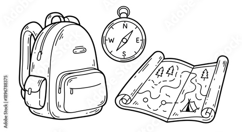 Backpack compass and map for adventure and exploration.
