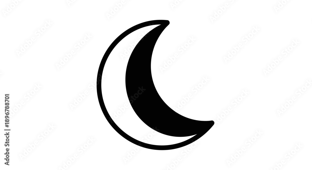 Obraz premium Minimalist Crescent Moon Outline Icon. Simple Black and White Vector Graphic Isolated on White Background for Design.