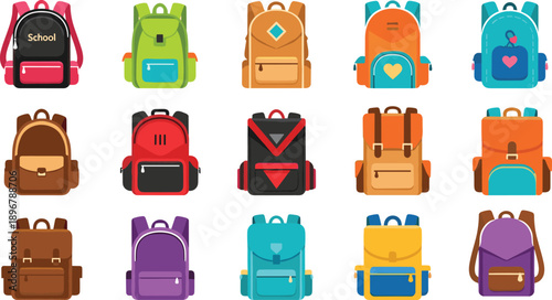 Large Set of Colorful School Backpacks and Rucksacks for Kids and Students Isolated on White Background for Education Back to School and Travel Designs