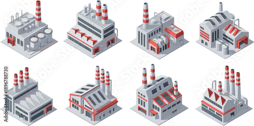 Large Set of Eight Isometric Industrial Factory Buildings and Power Plants with Smokestacks and Storage Tanks Isolated on White Background for Urban Manufacturing Designs