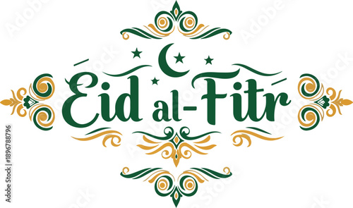 Eid al-Fitr Greeting with Elegant Green and Gold Ornamental Decoration and Islamic Crescent Moon