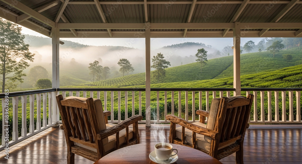 Fototapeta premium Serene morning mist over a lush tea plantation viewed from a cozy porch with steaming tea.