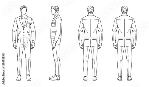 Hand Drawn Male Fashion Template Vector 6-Point View 9-Head Figure