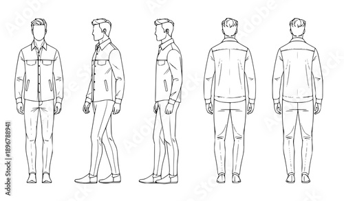 Fashion Template Male Walking Figure Vector 6-Point View 9-Head Outline