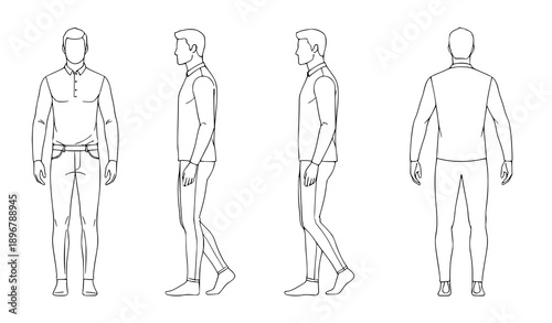 Minimal Male Fashion Template Vector Outline 6-Point View 9-Head Figure