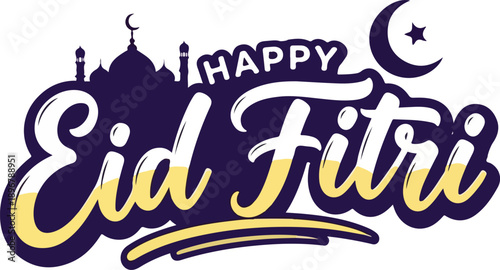 Happy Eid al Fitri Greeting Typography with Mosque Silhouette and Crescent Moon on Purple Background