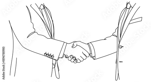 a crisp line art illustration of two professionals shaking hands embodying a successful business agreement partnership and teamwork.