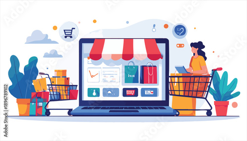 vector Online Shopping Concept with Laptop and Cart