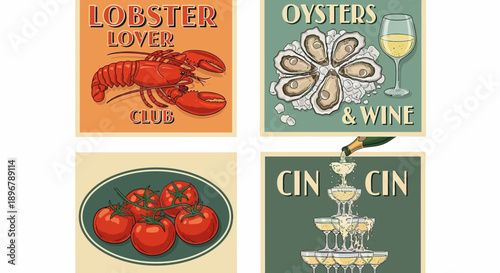 vintage style food and drink posters featuring lobster oysters tomatoes and champagne tower ideal for culinary marketing.
