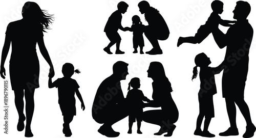Collection of family silhouettes displays parents holding and interacting tenderly with their small children in various.