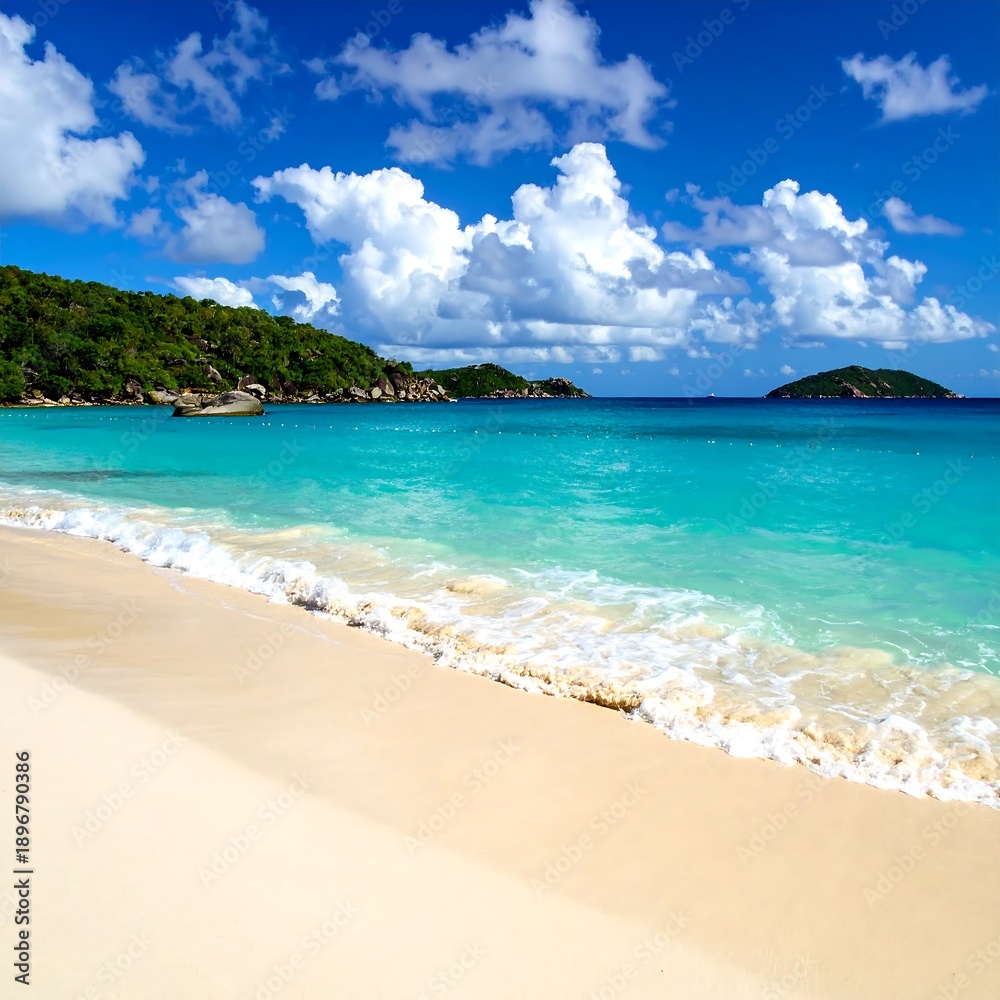 Obraz premium Tropical beach paradise with turquoise water, white sand, and lush green hills under a bright, cloudy blue sky