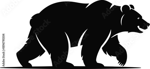 Large black silhouette of a walking grizzly bear profile facing right on a white ground plane.