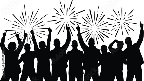 Silhouettes of a cheering crowd with hands raised celebrating success beneath bursts of festive fireworks against a white.
