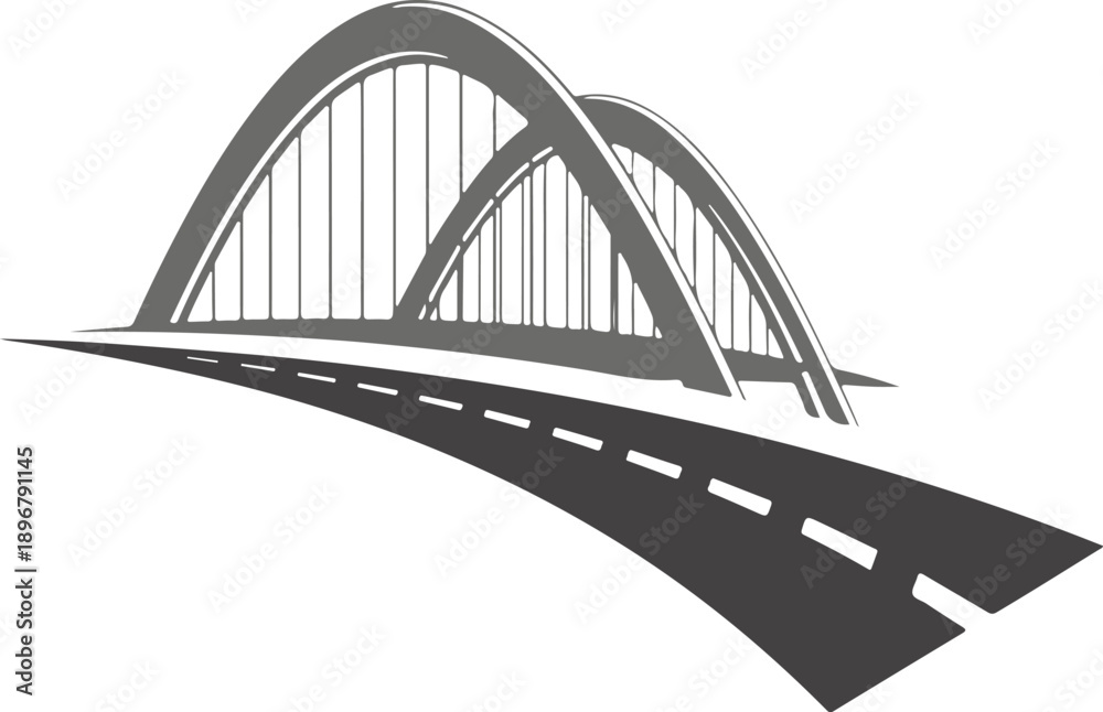 Obraz premium Modern suspension bridge arches over a winding road, perspective view, architectural structure, transportation pathway, urban landscape