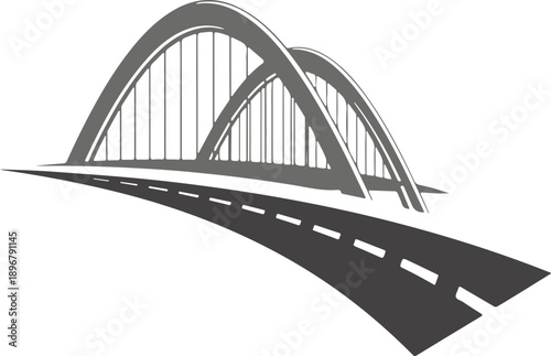 Modern suspension bridge arches over a winding road, perspective view, architectural structure, transportation pathway, urban landscape