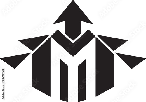 Monochromatic abstract capital letter m logo with upward arrow design on transparent background for business progress concept