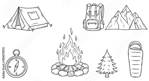 Camping and outdoor adventure equipment collection line art.