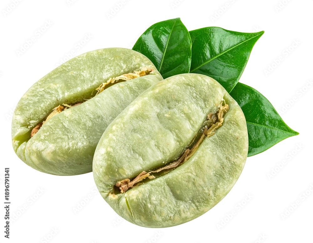 Naklejka premium Two raw coffee beans sit beside bright green leaves, all isolated on a stark white background