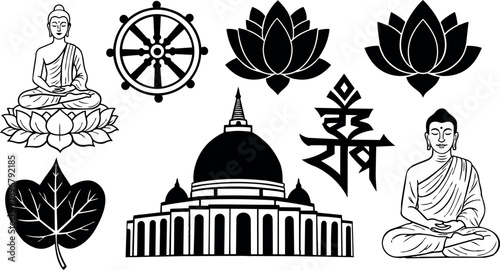 Black and white buddhist symbols set with buddha leaves lotus flower dharma wheel and stupa temple icons illustration