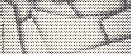 Hexagon halftone gradient texture. Abstract black grunge background. Geometric retro halftone tech overlay. Fading wavy hexagonal pattern backdrop. Vector wallpaper