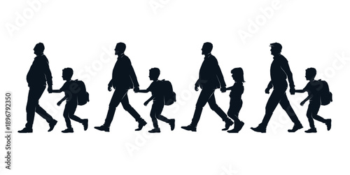 Silhouette collection parent father holding child's hand walking together, black and white vector illustration