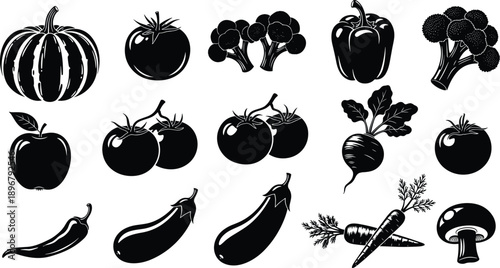 Black and white vegetable icons set with pumpkin tomato broccoli pepper apple beet chili eggplant carrot mushroom isolated on white