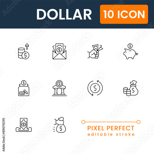 dollar icon pack for finance and banking apps, money cash and currency payment symbols, modern dollar vector UI icons