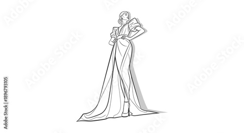 fashion illustration confident woman in elegant gown with high slit powerful pose embodying haute couture modern luxury fashion style.